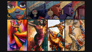 Mosaico de seis cuadros, entre ellos Rostro Superficie Mil Fragmentos y Cuatro mujeres africanas adornadas