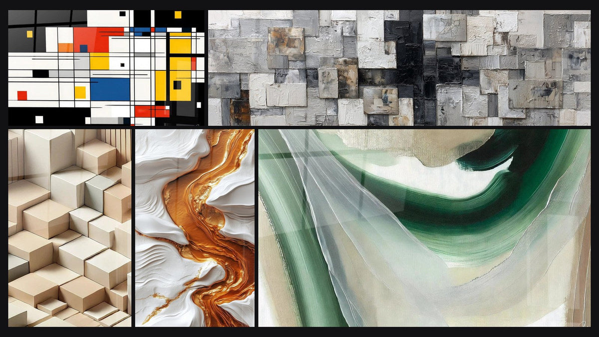 Mosaic of five paintings, including Colorful geometric composition, Minimalism Sculpted and Emerald Silk