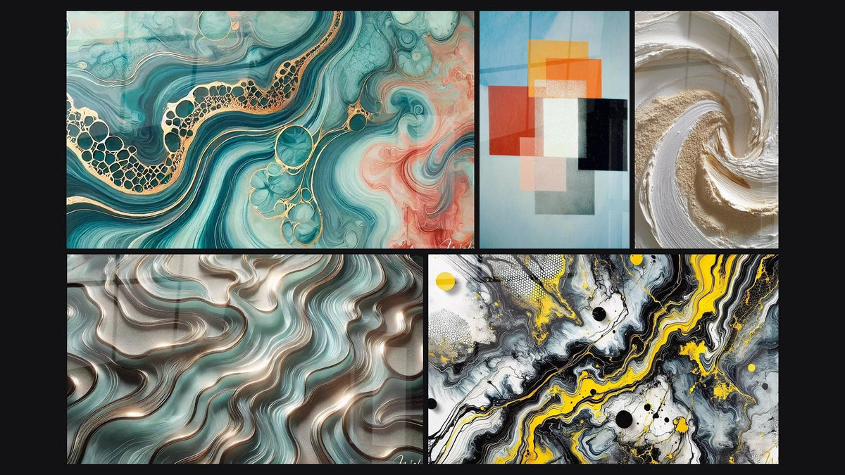 Mosaik aus fünf Gemälden, darunter Gezeitenwelle Aquarell, Geometrische Formen Funktionaler Kontrast und Ätherische Kurven
