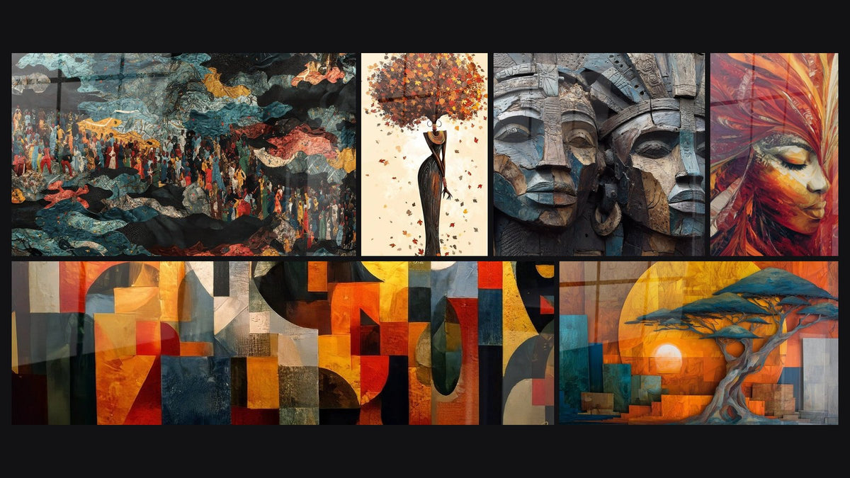 Mosaic of six paintings, including Ancestral Spiritual Scene, Abstract Geometric and African Carved Mask Faces