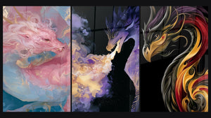 Mosaico de tres cuadros, entre ellos Dragón rosa y azul acurrucado y Dragón Negro y Dorado con Pico Curvado