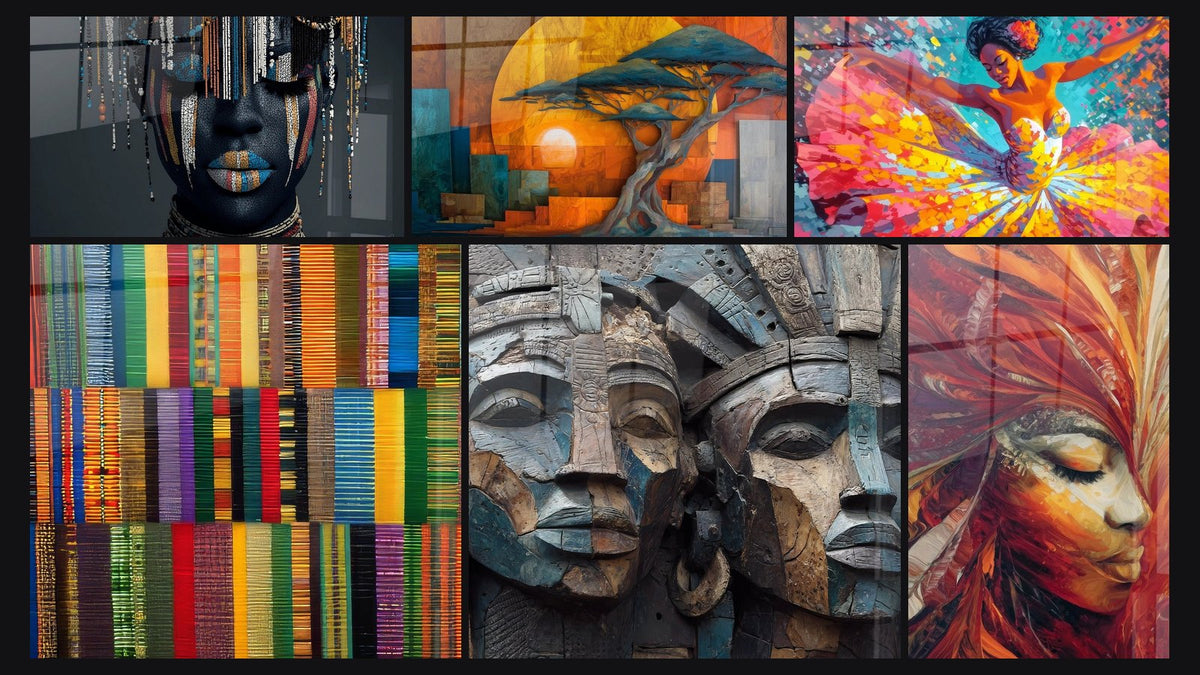 Mosaico di sei quadri, tra cui Viso Donna Africano, Tappeto patchwork colorato e Di volti e maschere africane scolpite