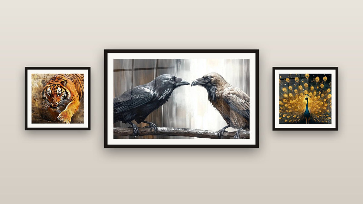 Gallery wall with three framed paintings, including Peacock Crown of Eternity and Tiger Ember Gaze Wall
