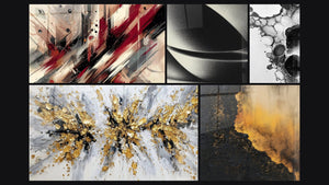 Mosaic of five paintings, including Artistic Turbulence, Abstract Sphere and Bubble Abstract