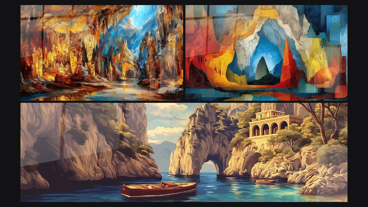 Mosaic of three paintings, including Illuminated Grotto and Marine Grotto and Boat