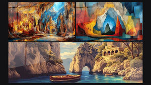 Mosaico de tres cuadros: Cueva Subterránea con Estalactitas, Cueva Iluminada y Gruta Marina y Barco