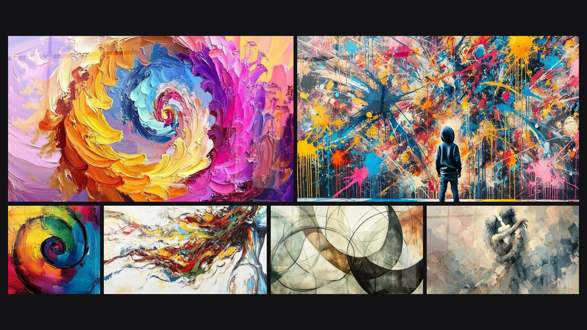 Mosaïque de six tableaux, dont Spirale colorée multicolore, Spirale multicolore et Muse Moderne