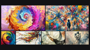 Mosaico de seis cuadros, entre ellos Espiral colorido multicolor, Espiral multicolor y Musa Moderna