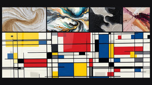 Mozaïek van vijf schilderijen, waaronder Gekleurde Stromen en Tafel geometrische compositie