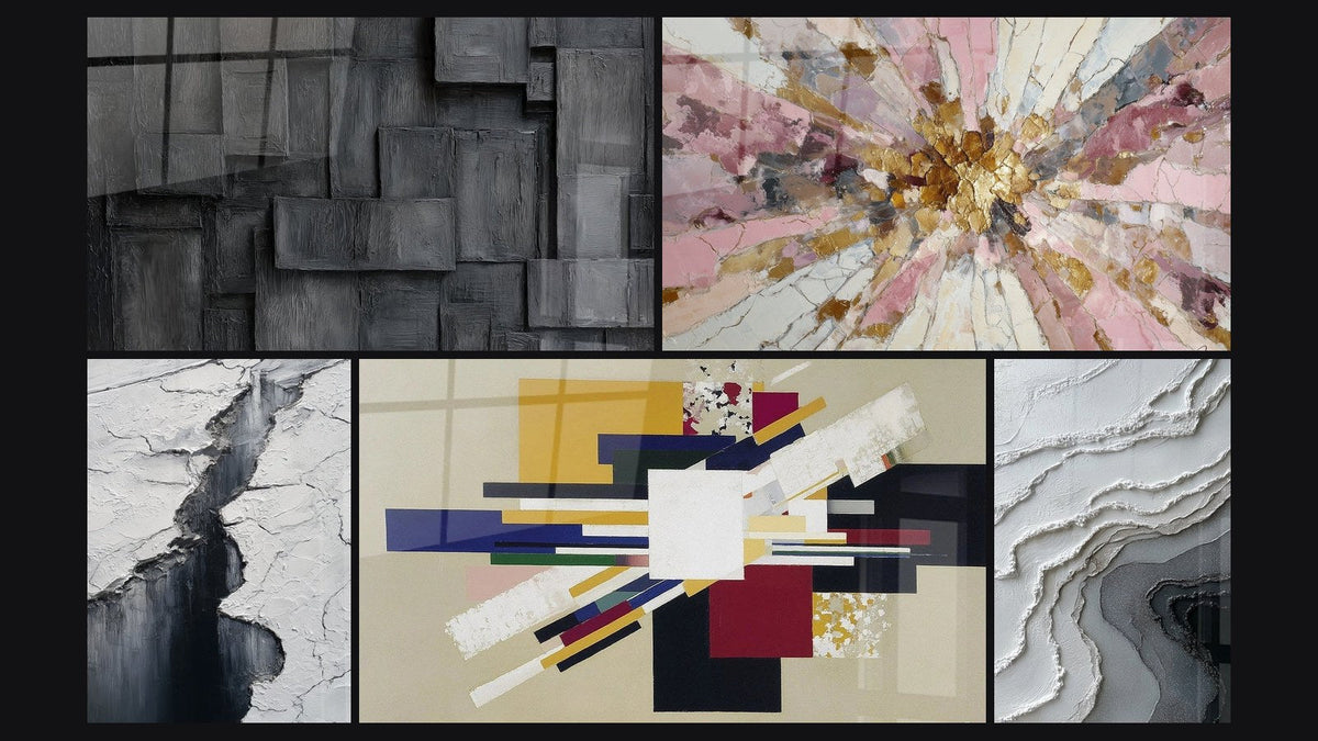 Mosaico de cinco cuadros, entre ellos Grieta Glaciar Gris y Negro y Composición Geométrica Tensión Creativa
