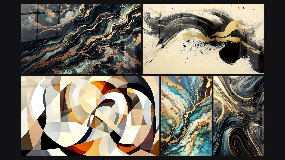 Mosaïque de cinq tableaux, dont Flux Aurifère, Formes circulaires entrelacées et Labyrinthe Minéral
