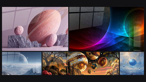 Mosaïque de cinq tableaux, dont Planète rose avec anneaux et Planète extraterrestre