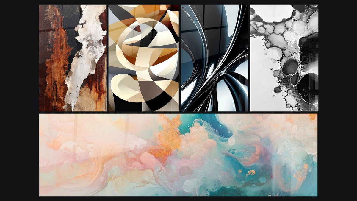 Mosaico de cinco cuadros, entre ellos Abstracto tierra y blanco con vetas negras y Formas circulares entrelazadas