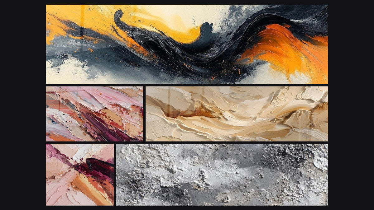 Mosaïque de cinq tableaux, dont Symphonie Contrastée Noir et Abstrait aux nuances roses et terres