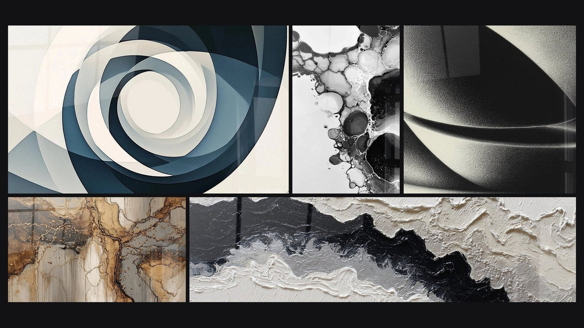 Mozaïek van vijf schilderijen, waaronder Vortex Azuur en Abstracte bol