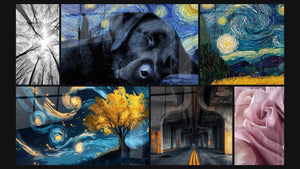 Mosaïque de six tableaux, dont Forêt Vue Plongée, Labrador Noir Endormi Style Van Gogh et Nuit étoilée tourbillonnante