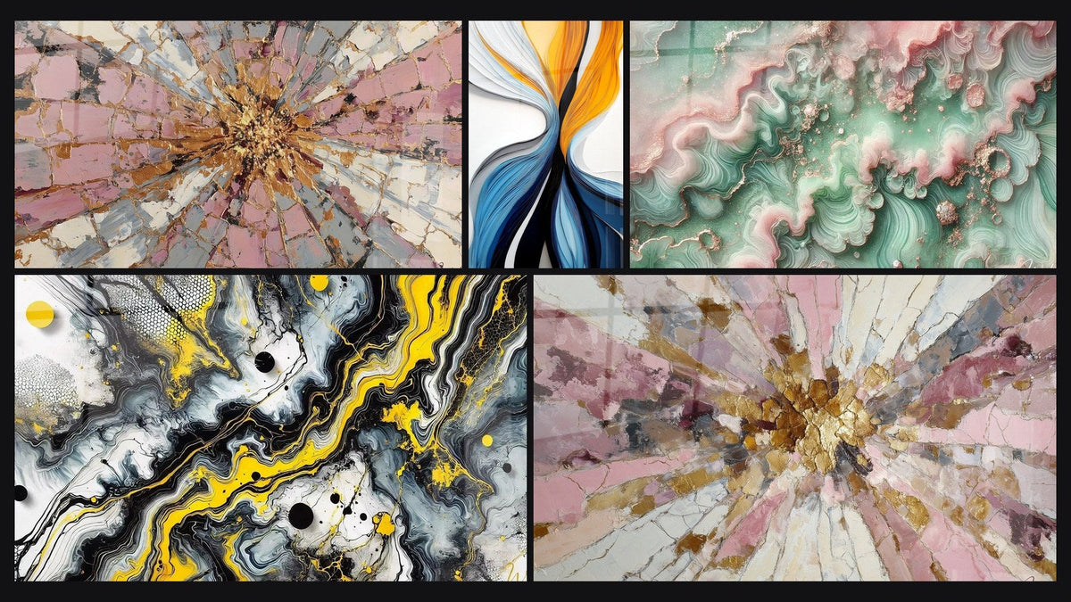 Mosaïque de cinq tableaux, dont Explosion Rose et Or à Centre Rayonnant, Flux dynamiques colorés et Impact Noir