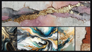 Mosaico de cinco cuadros, entre ellos Ondulaciones Opulentas, Abstracto de Corrientes Coloridas y Flujo y Retroceso Dorado