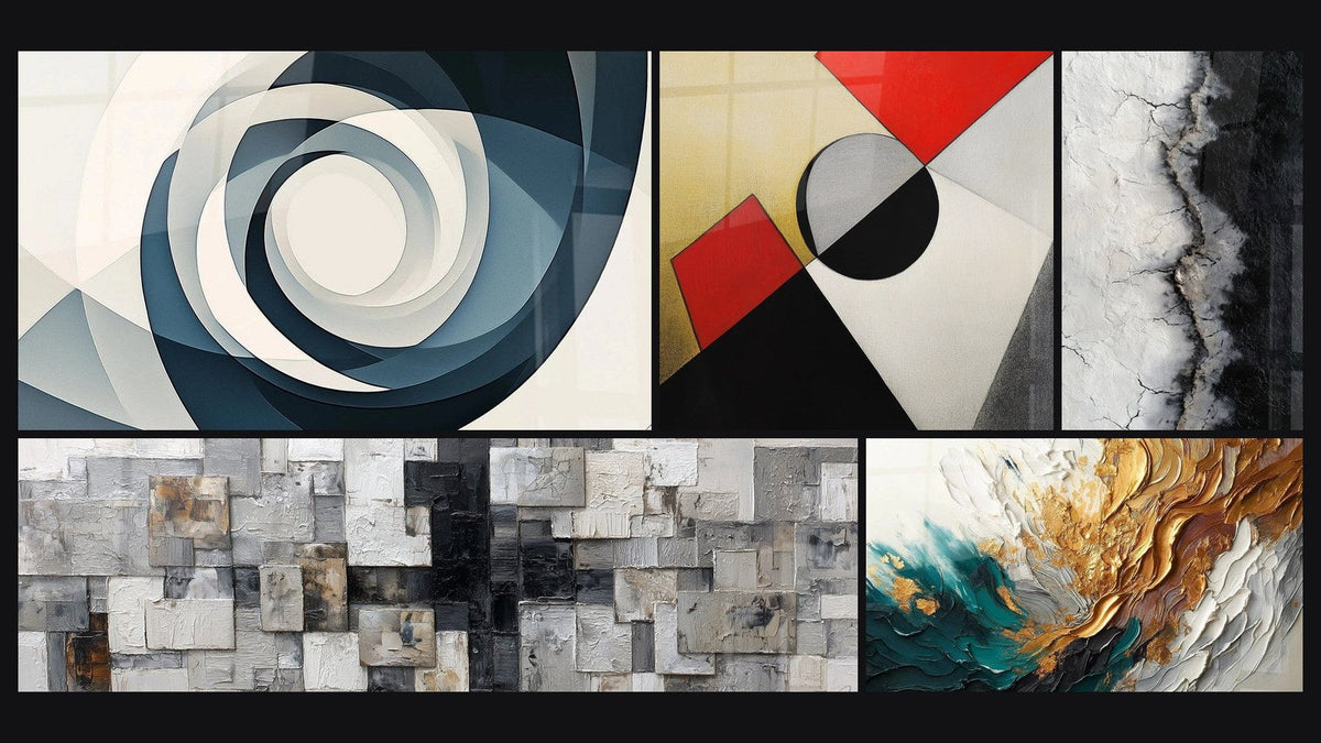 Mosaïque de cinq tableaux, dont Vortex Azur, Formes géométriques colorées et Trace en Or et Jade