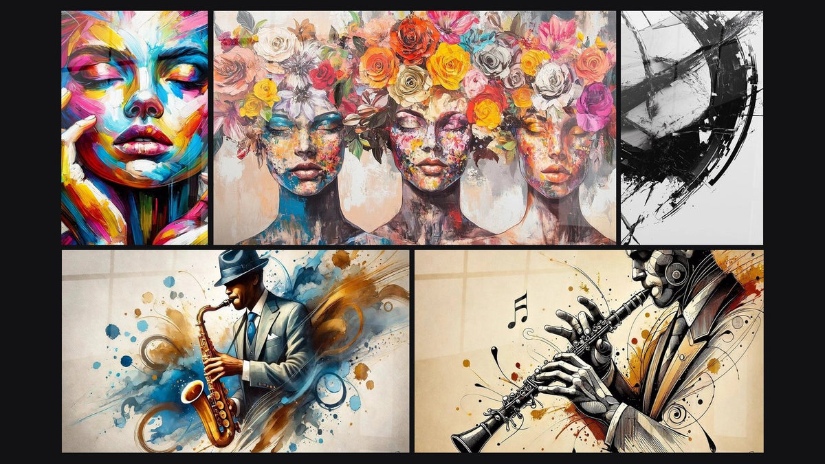 Mosaico di cinque quadri, tra cui Splendore Vintage, Le Muse Fiorite e La Frattura del Tempo