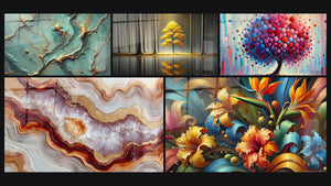 Mosaico de cinco cuadros, entre ellos Ríos de Oro, Tranquilidad Eterna y Árbol de Alegría