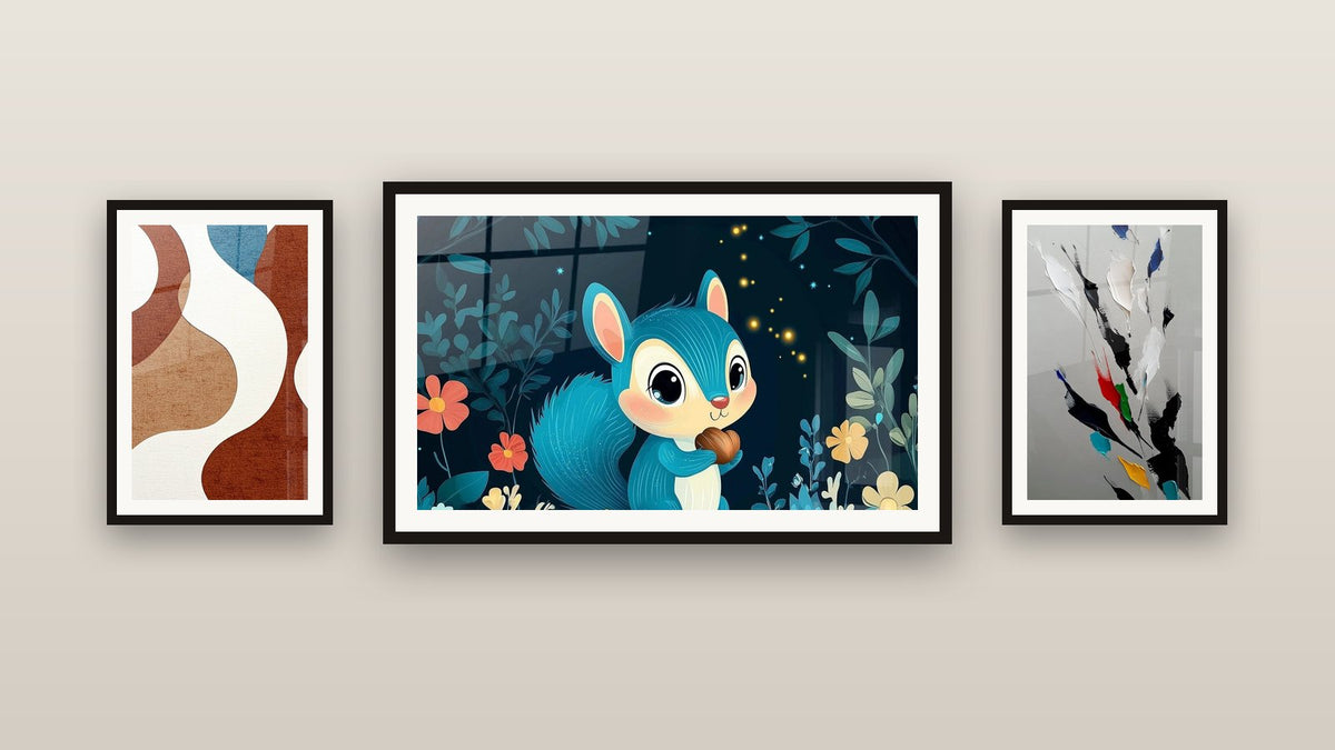 Gallery wall with three framed paintings: Children's Wall Art No.18, Abstract Feather and Organic Abstract Forms