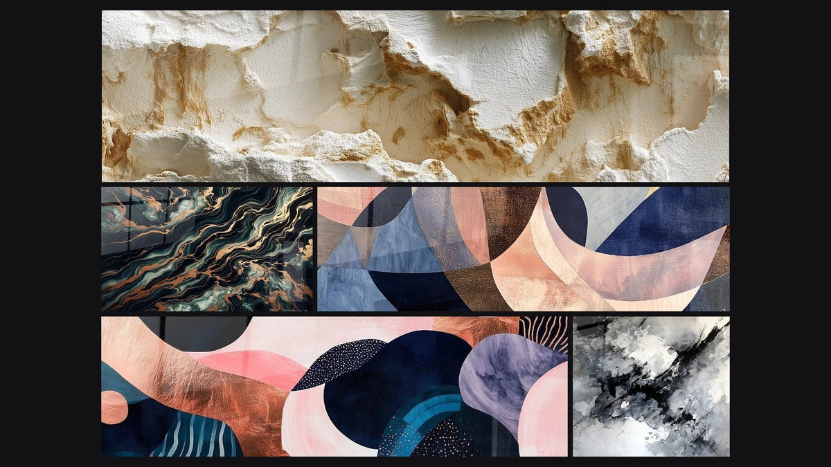 Mosaico di cinque quadri, tra cui Texture bianca erosa con rilievi scolpiti, Flusso Aureo e Simbiosi Ondulatoria Corallo