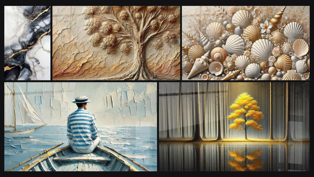 Mosaic of five paintings, including Ancient Tree, The Art of Water and Jewels of the Sands