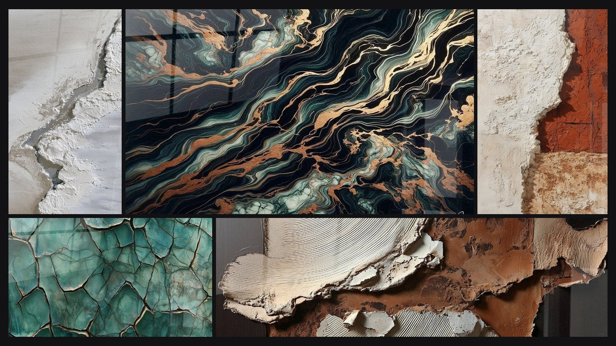 Mosaico de cinco cuadros, entre ellos Flujo Aurífero, Tierra Fracturada y Texturas abstractas tierra y blanco roto