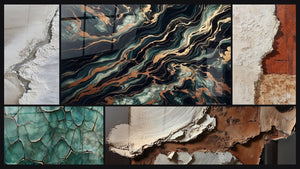 Mozaïek van vijf schilderijen, waaronder Goudstroomtabel en Gebarsten Aarde