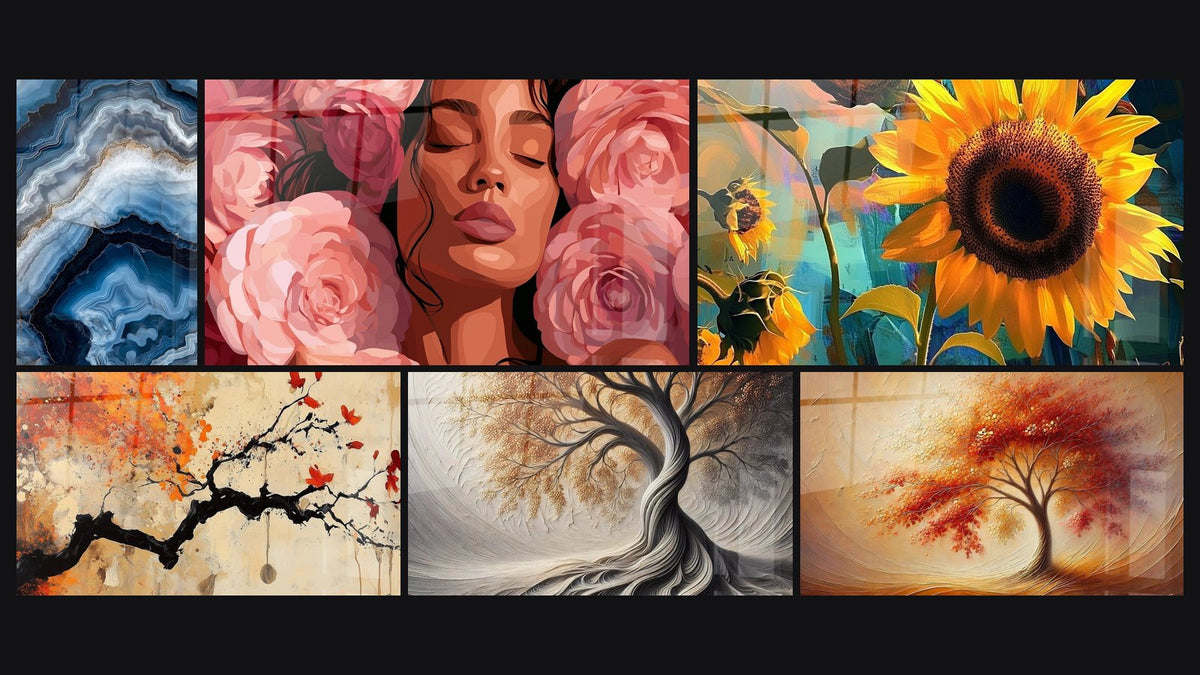 Mosaico di sei quadri, tra cui Girasole N°1, Respiro della Terra e Danza delle Stagioni