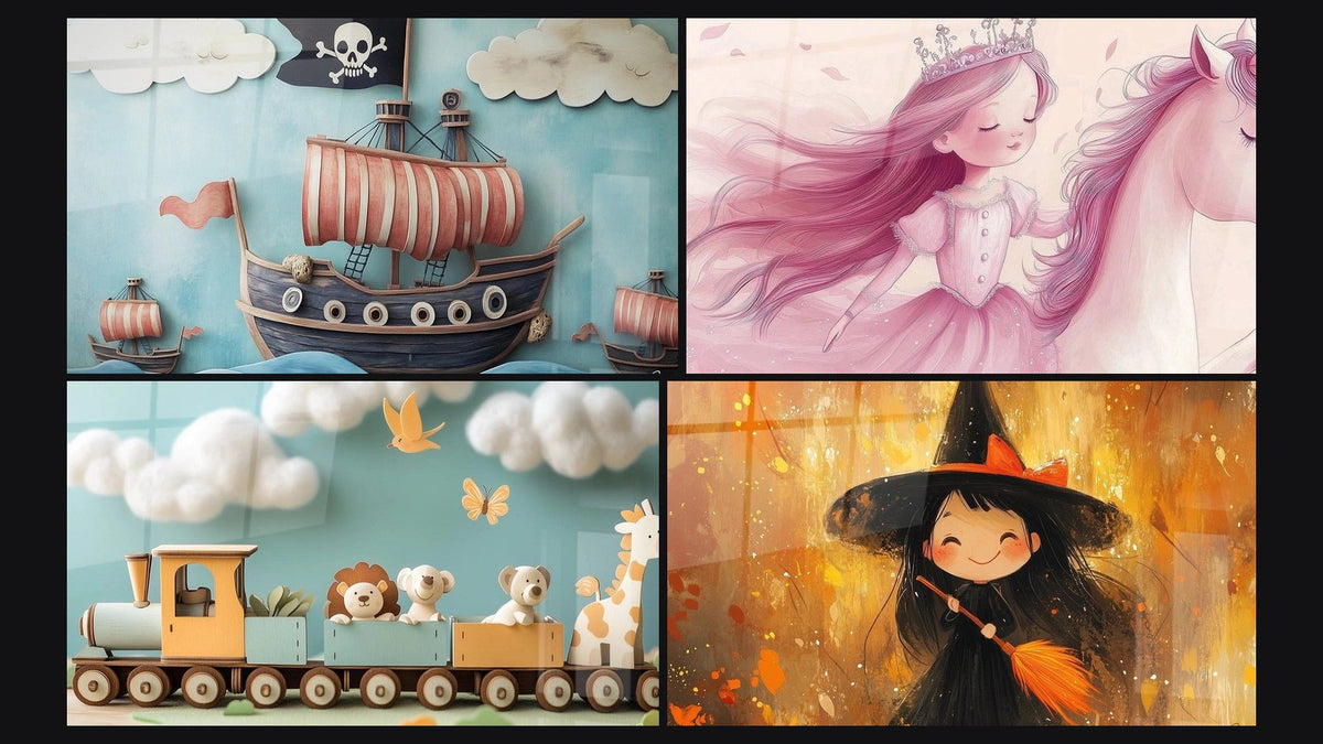 Mosaik aus vier Gemälden, darunter Piratentafel Nr. 2, Zugbild Nr. 2 und Hexen-Bild Nr. 2