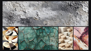Mosaico de cinco cuadros, entre ellos Textura Abstracta Gris y Plateado Mineral y Formas circulares entrelazadas