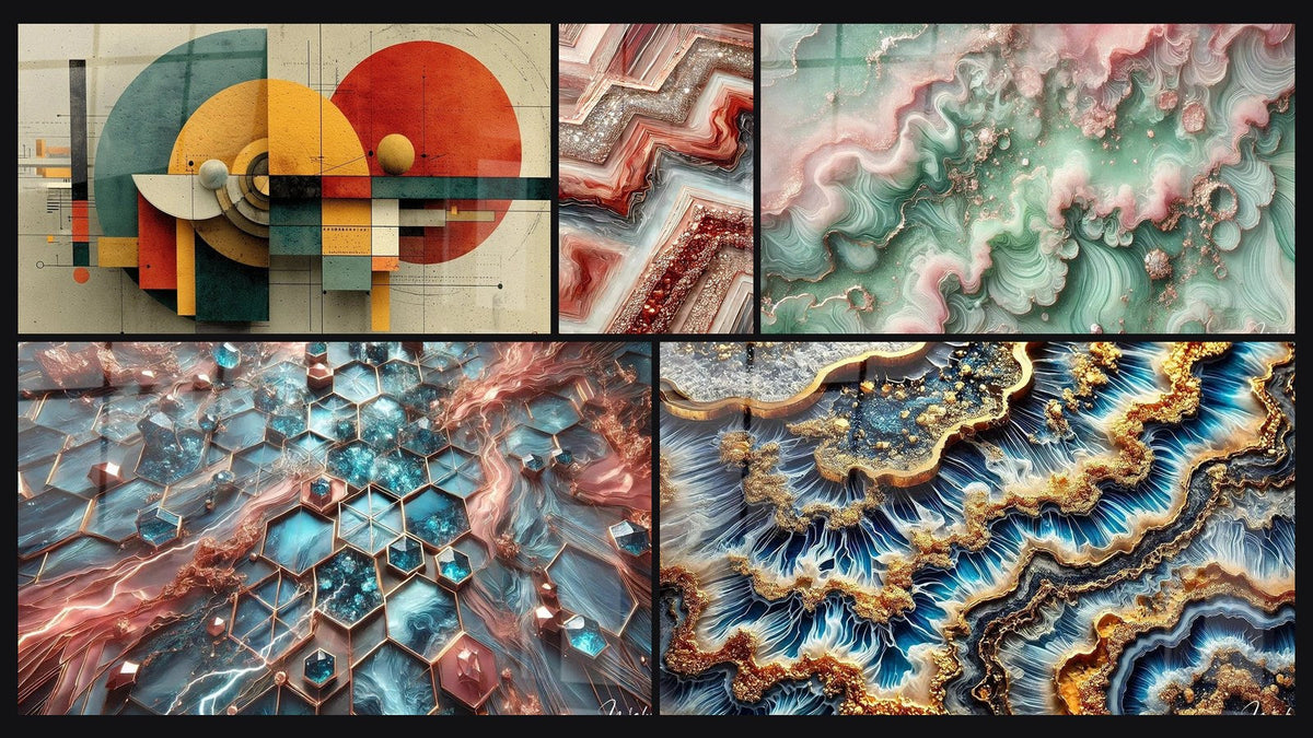 Mosaico di cinque quadri, tra cui Geometrico Rivoluzione Circolare, Fusione Geometrica e Bruma Smeraldo