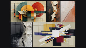 Mozaïek van vijf schilderijen, waaronder Geometrische Compositie Creatieve Spanning