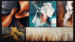 Mosaic of five paintings, including Sculptural Momentum Copper and White Shimmer and Teal in Relief
