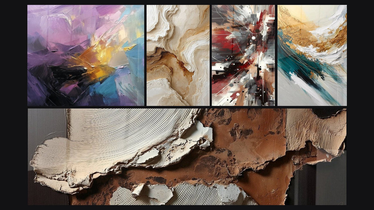 Mosaico de cinco cuadros, entre ellos Explosión de colores abstracta y Abstracto Texturizado Beige y Ocre