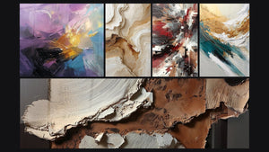 Mosaico de cinco cuadros, entre ellos Explosión de colores abstracta y Abstracto Texturizado Beige y Ocre