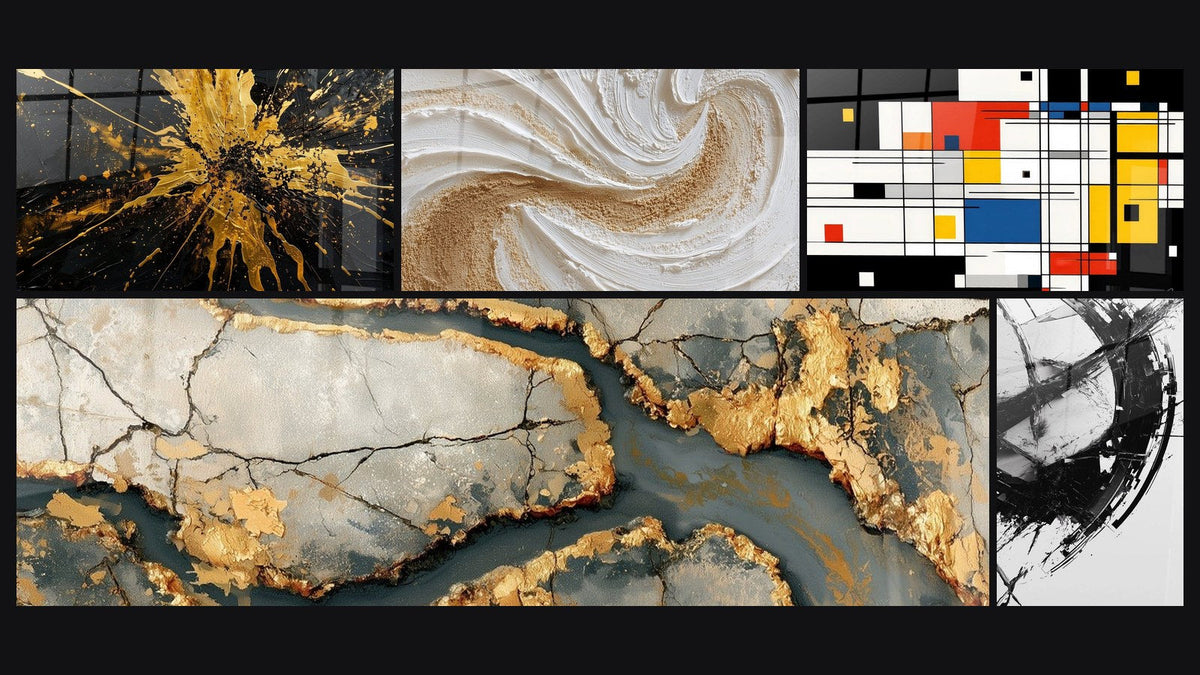 Mozaïek van vijf schilderijen, waaronder De Breuk van de Tijd en Geometrisch gekleurde compositie