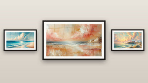 Gallery wall with three framed paintings: Infinite Calm, Amber Softness and Dawn Over the Lighthouse