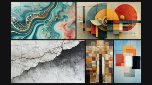 Mosaic of five paintings, including Watercolor Tide and Geometric Circular Revolution