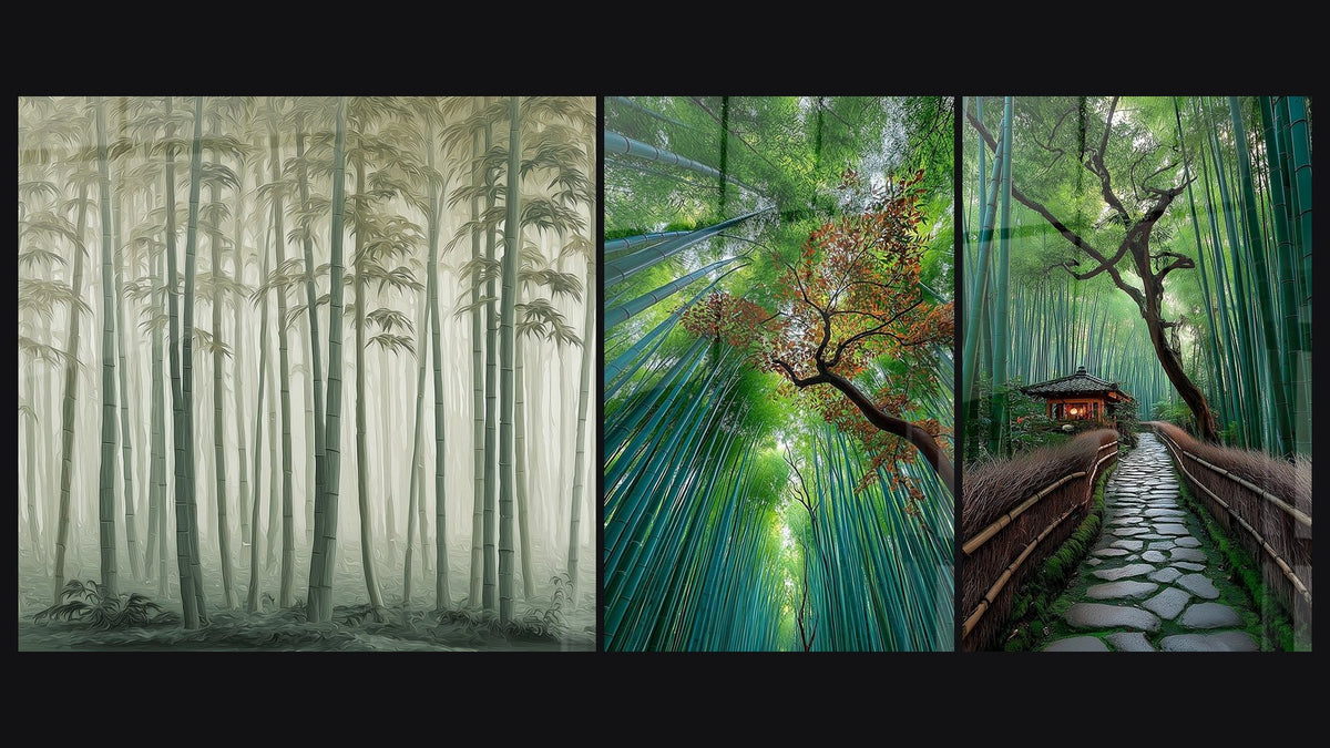Mosaic of three paintings, including Bamboo and Maple and Japanese Bamboo Grove Path