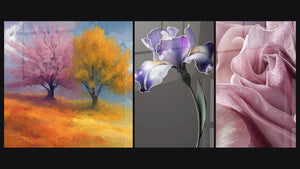 Mosaïque de trois tableaux : Deux arbres automne, Iris N°9 et Tulipe N°2