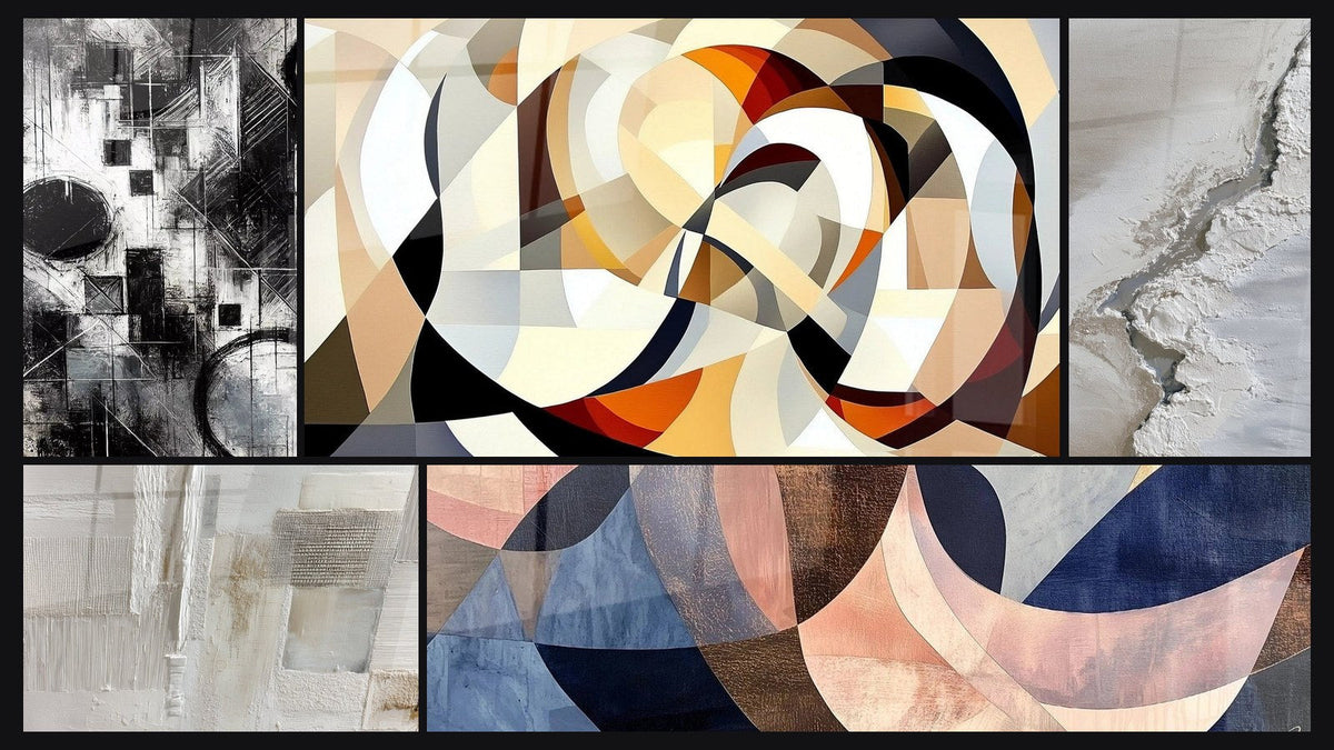 Mosaic of five paintings, including Fragments of Absolute and Interlocking circular shapes