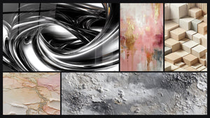 Mosaic of five paintings, including Metallic Whirlpool, Abstract textured blush gold beige and Minimalism Sculpted