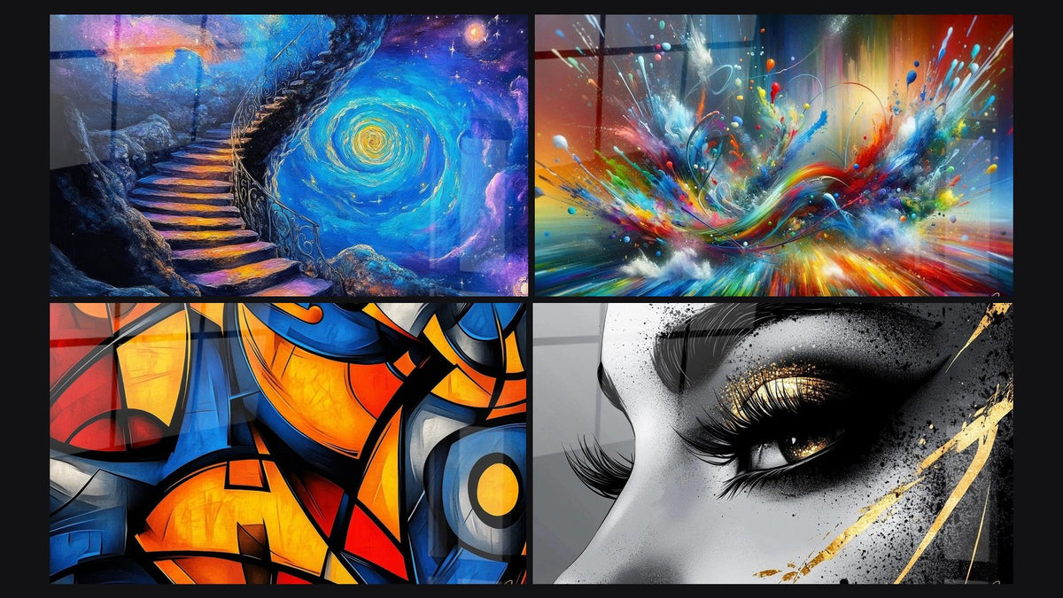 Mosaico di quattro quadri, tra cui A scala cosmico, Big Bang Artistico Brillante e Forme geometriche colorate di
