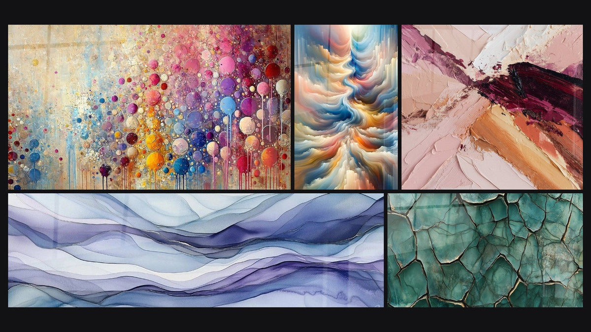 Mosaic of five paintings, including Mosaic Spheres, Dreamy Scrolls Periwinkle and Fractured Earth