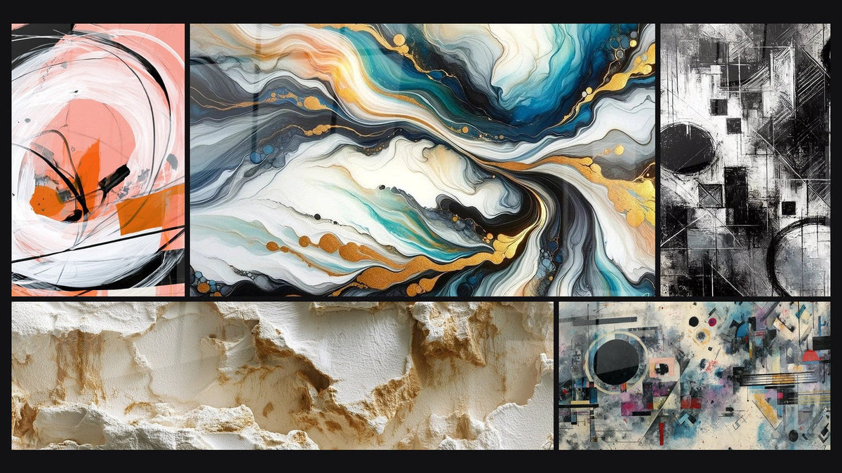 Mosaik aus fünf Gemälden, darunter Farbige Strömungen, Abstrakte geometrische Komposition und Fragmente der Absolutheit