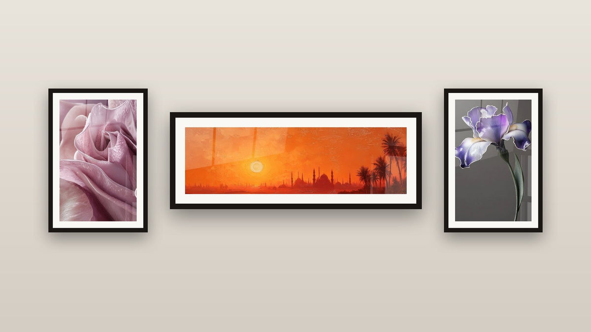 Gallery wall with three framed paintings: Istanbul Sunset, Iris Wall Art No. 9 and Tulip Wall Art N°2