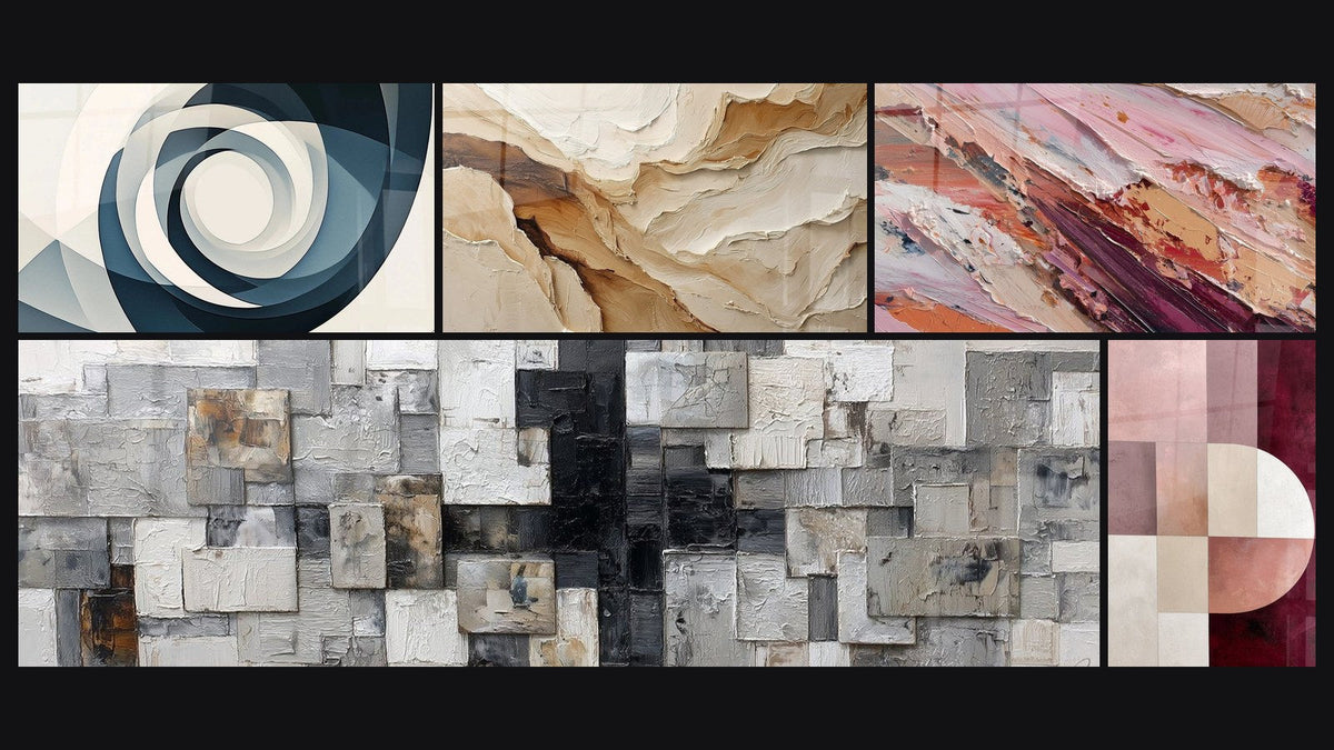 Mosaic of five paintings, including Vortex Azure and Abstract Beige and Earth